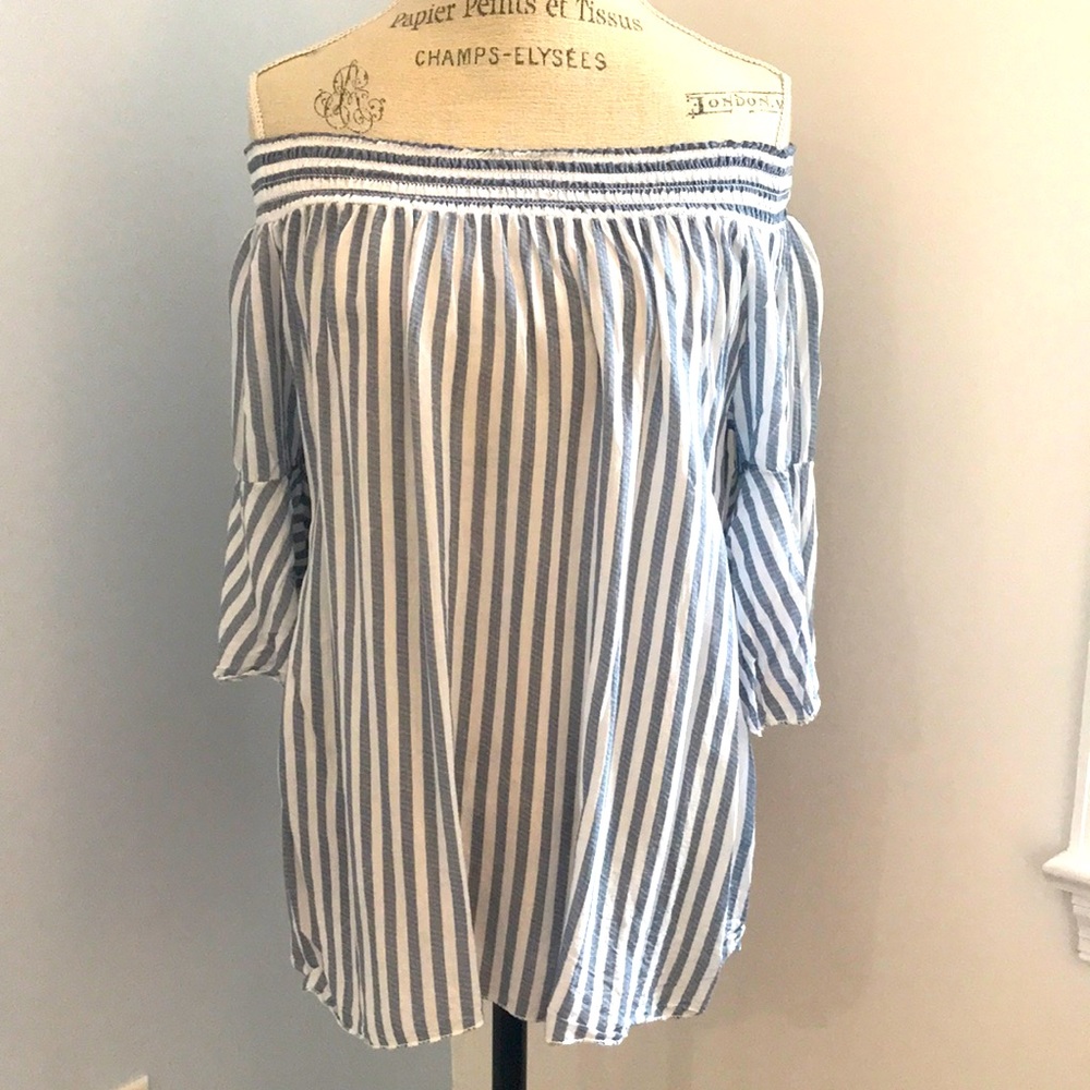 Blue & White striped off the shoulder top - Picture 2 of 4